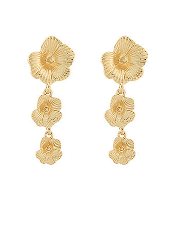 Textured Flower 3 Drop Earrings - Gold