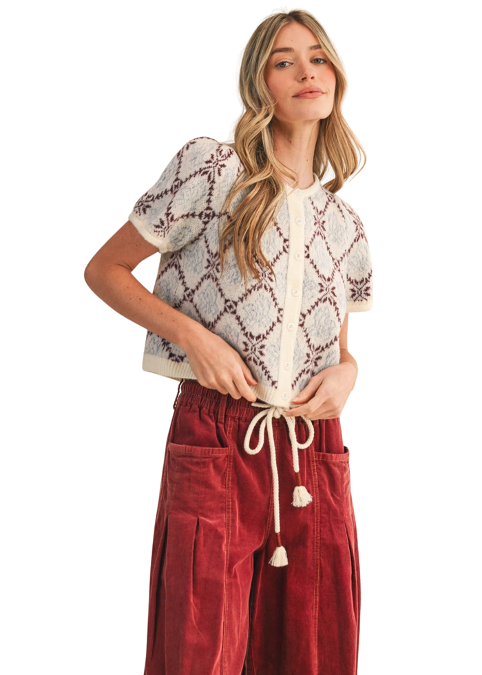 Floral Short Sleeve Sweater Cardigan