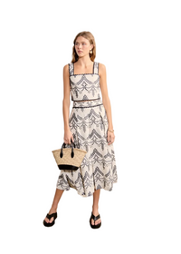 Linen Embroidered Midi Full Skirt