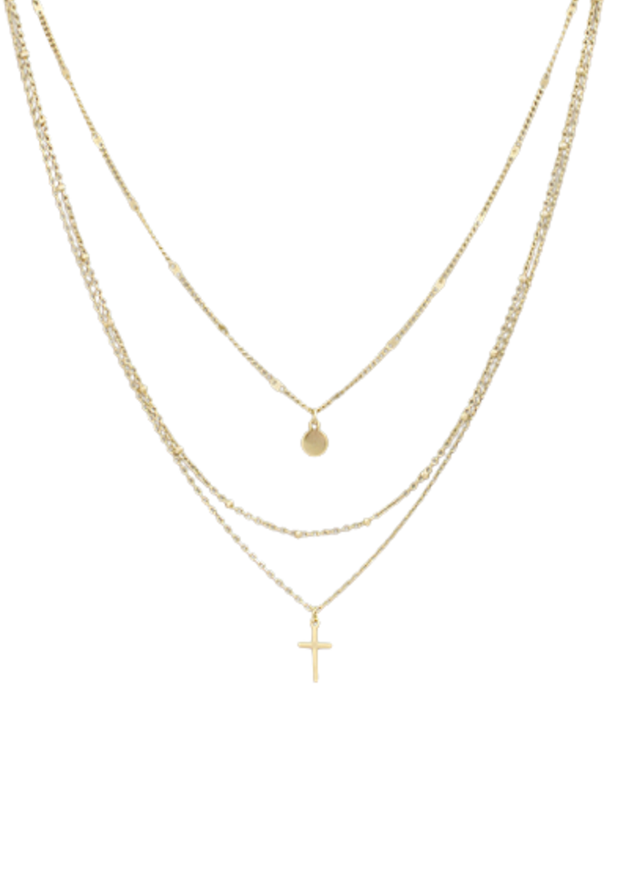 3 Layer Cross & Disc Nacklace - Gold