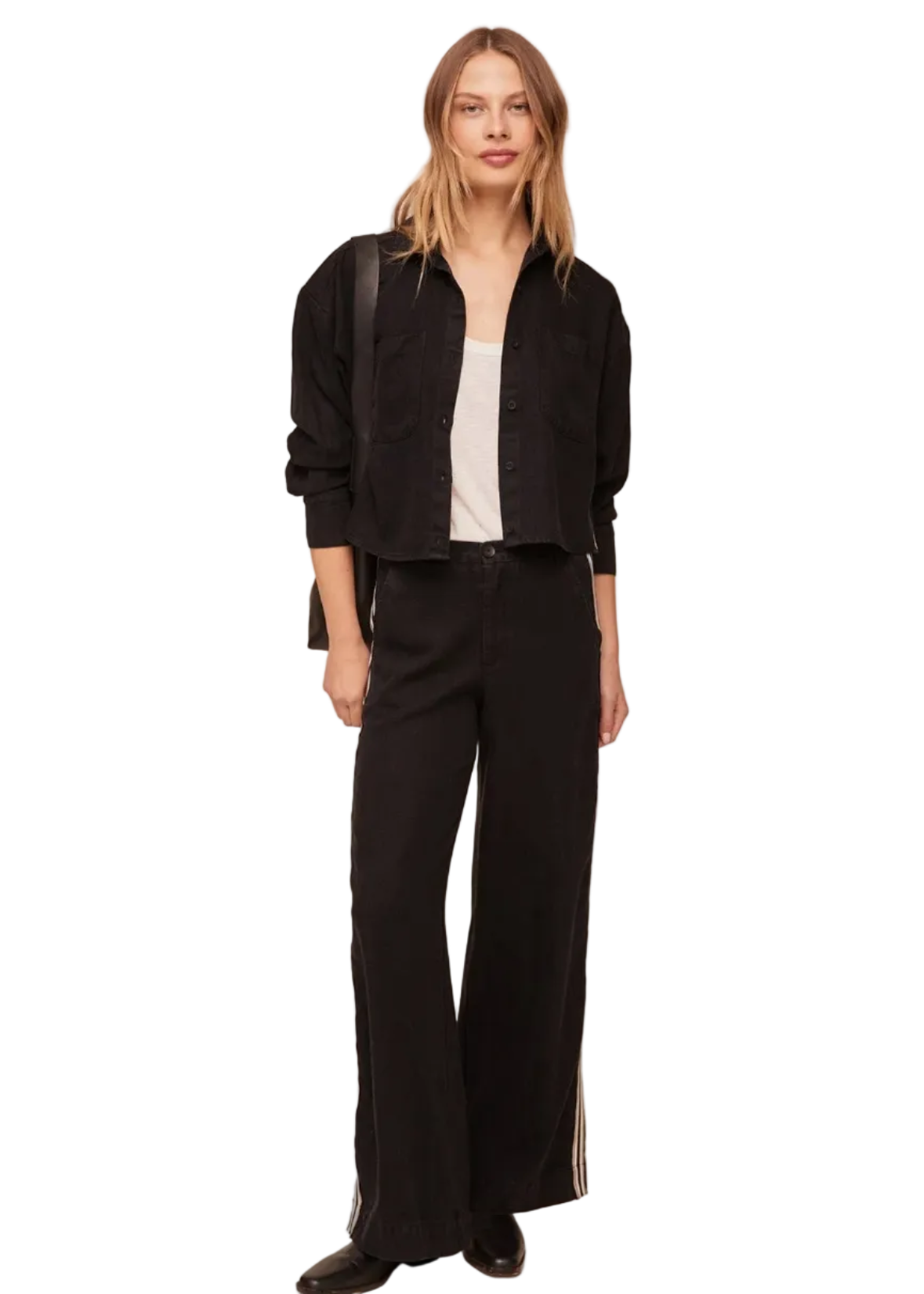 Long Sleeve Two Pocket Trimmed Crop Shirt