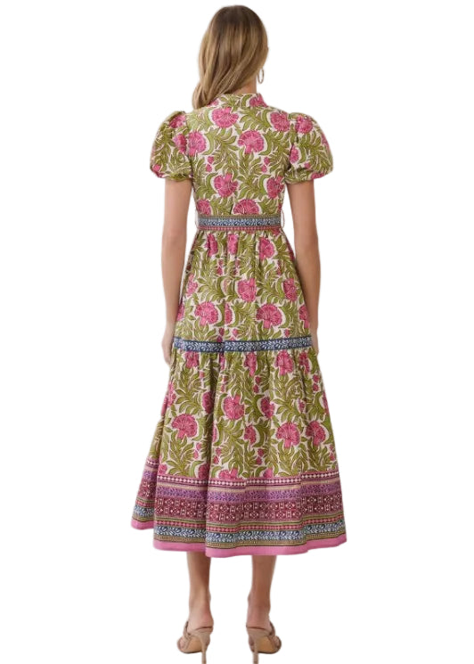 Floral Border Print Tie Waist Maxi Dress