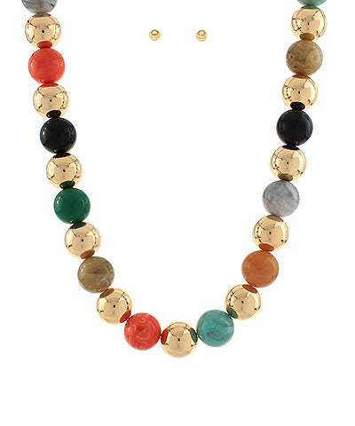 Mixed Stone & Metal Ball Necklace Set