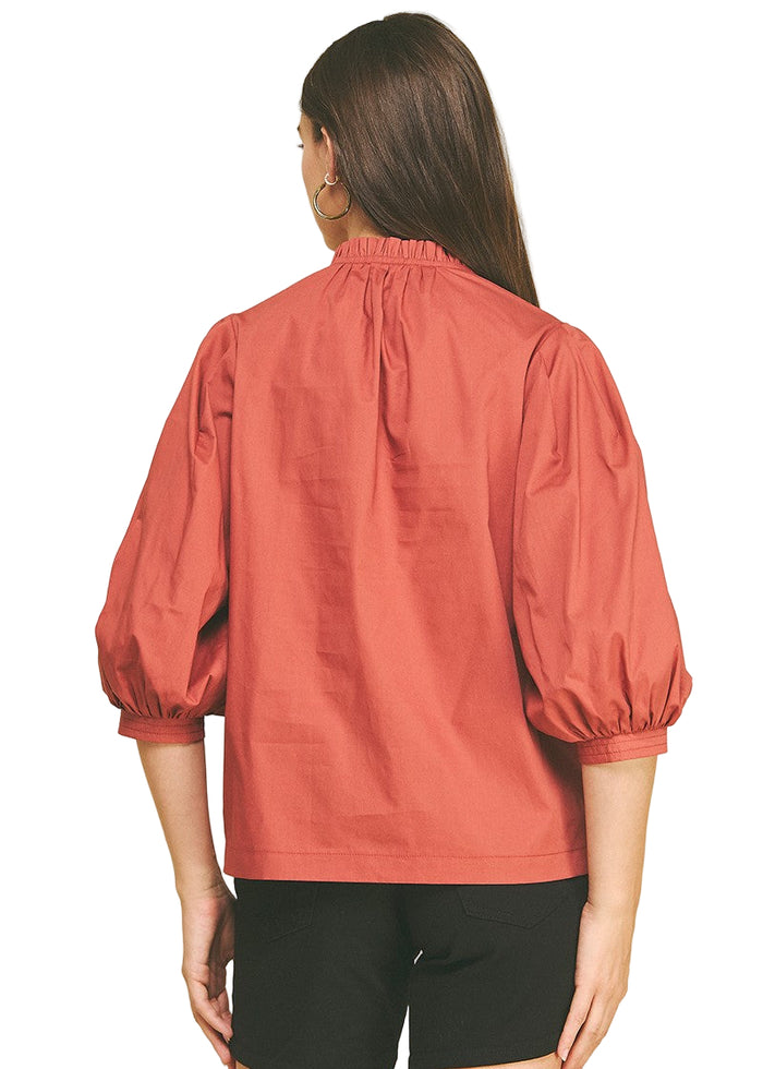 Ruffled Mock Neck Poplin Top