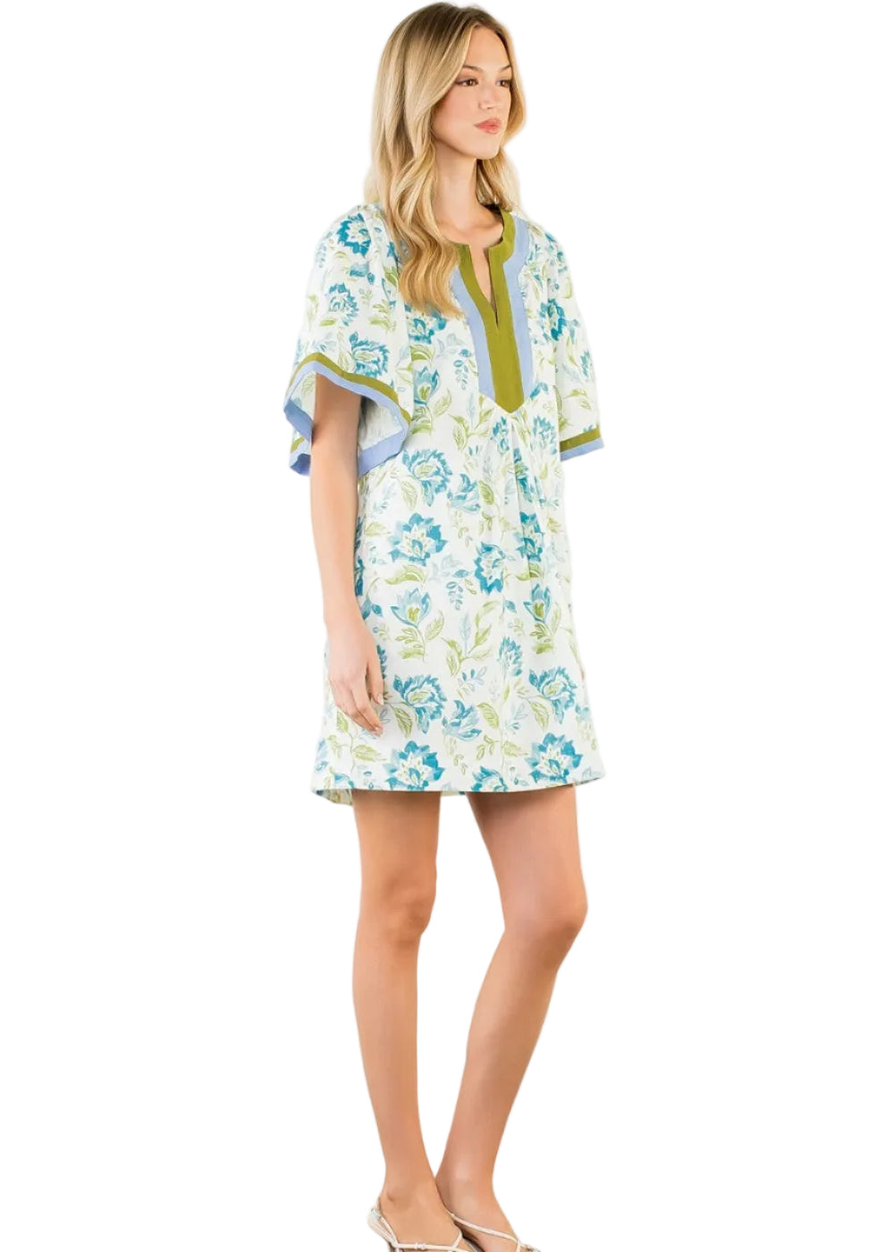 Short Sleeve Floral Pattern V-Neck Dress