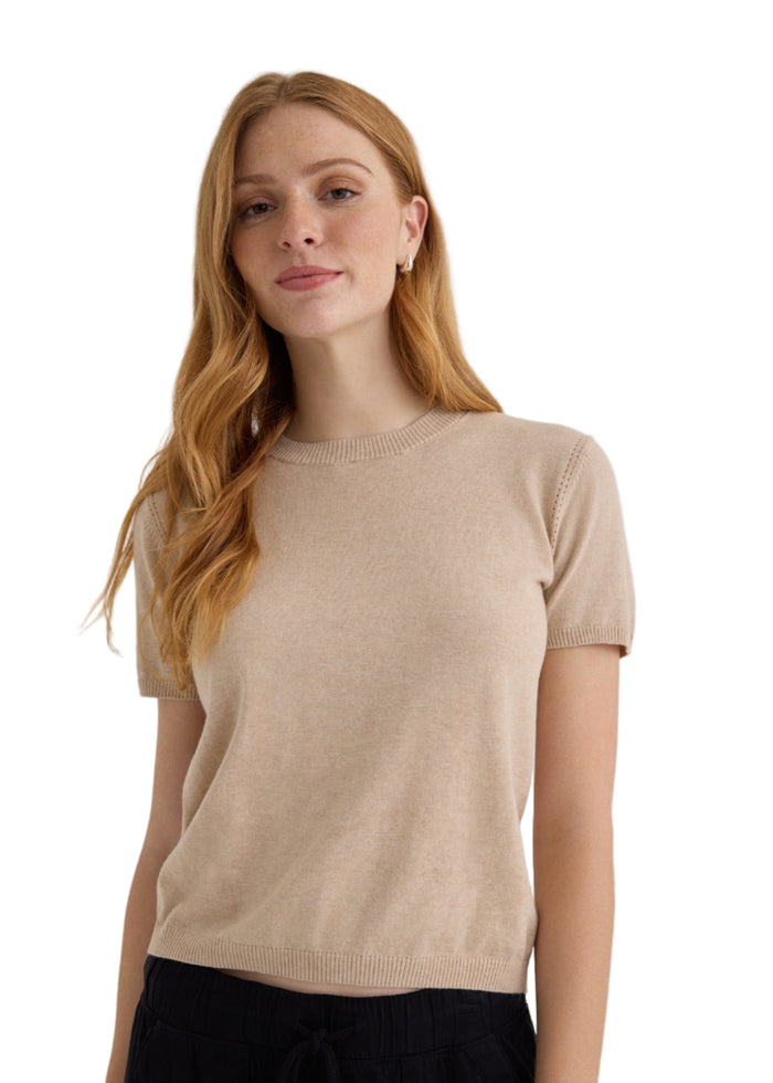 Short Sleeve Crew Neck Knit Top - Sable Sand