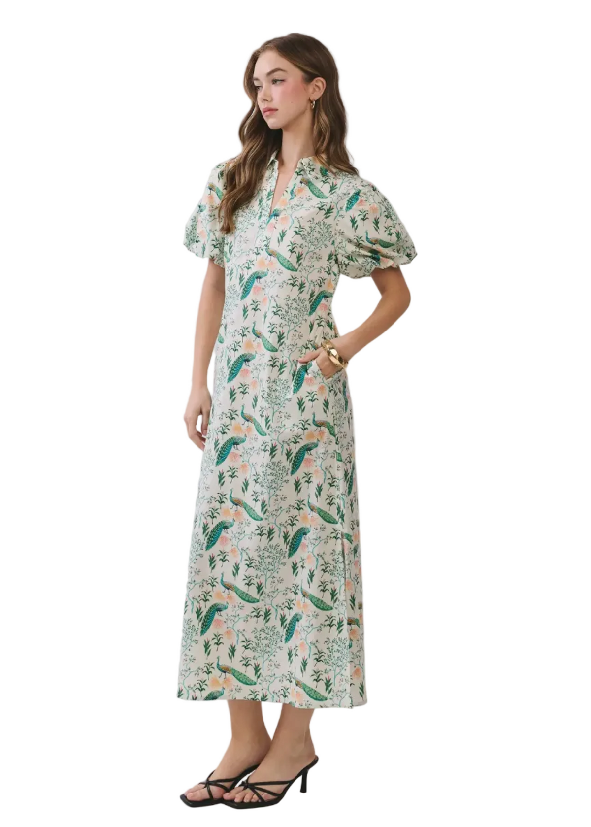 Peacock Print Puff Sleeve Midi Dress