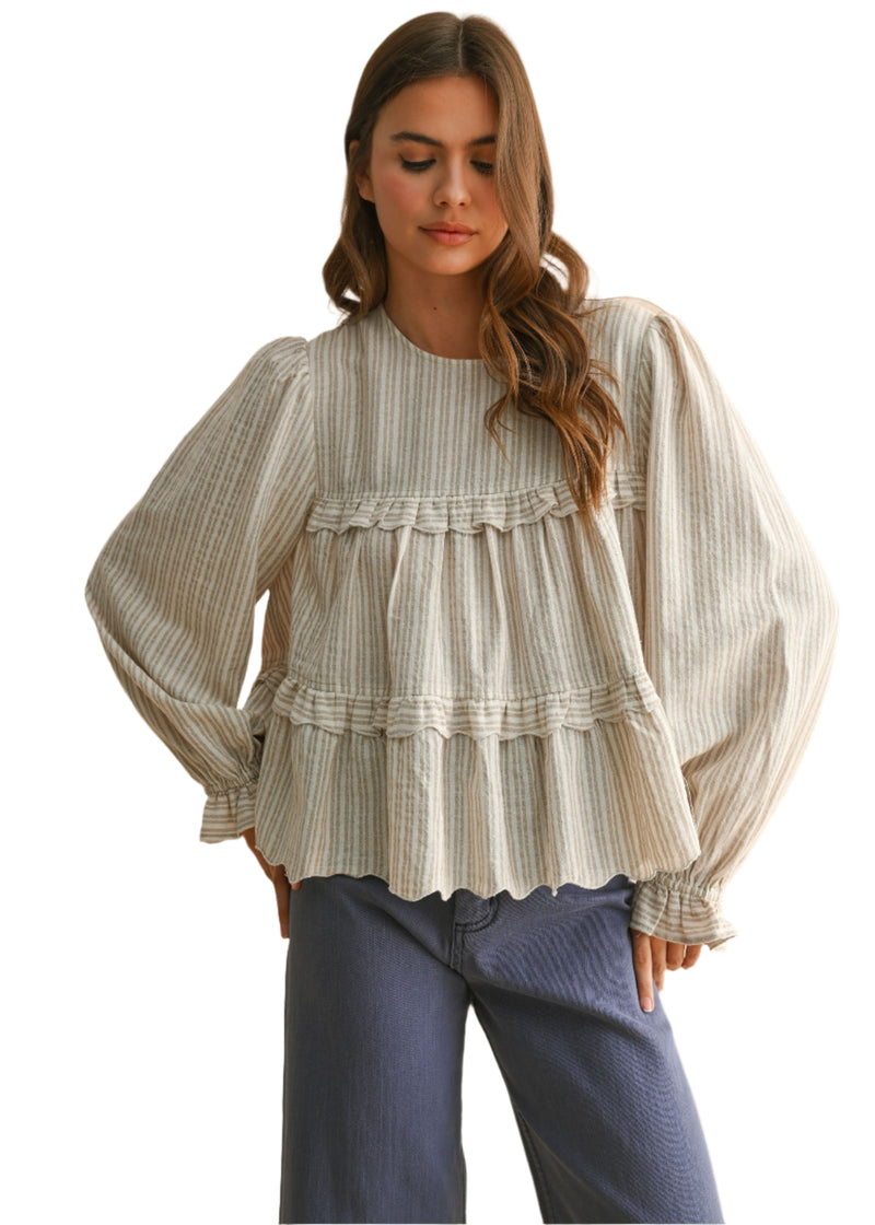 Striped Pattern Ruffle Detail Blouse