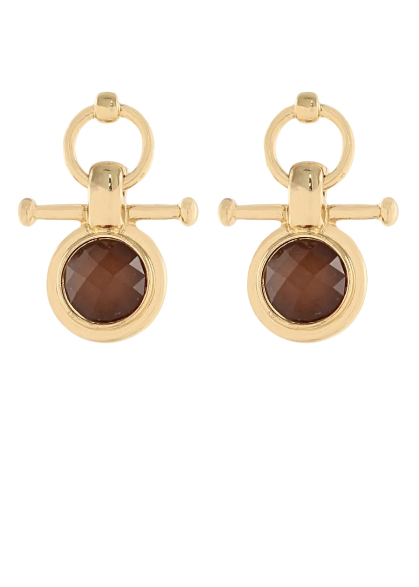 Round Stone & Bar Earrings - Brown