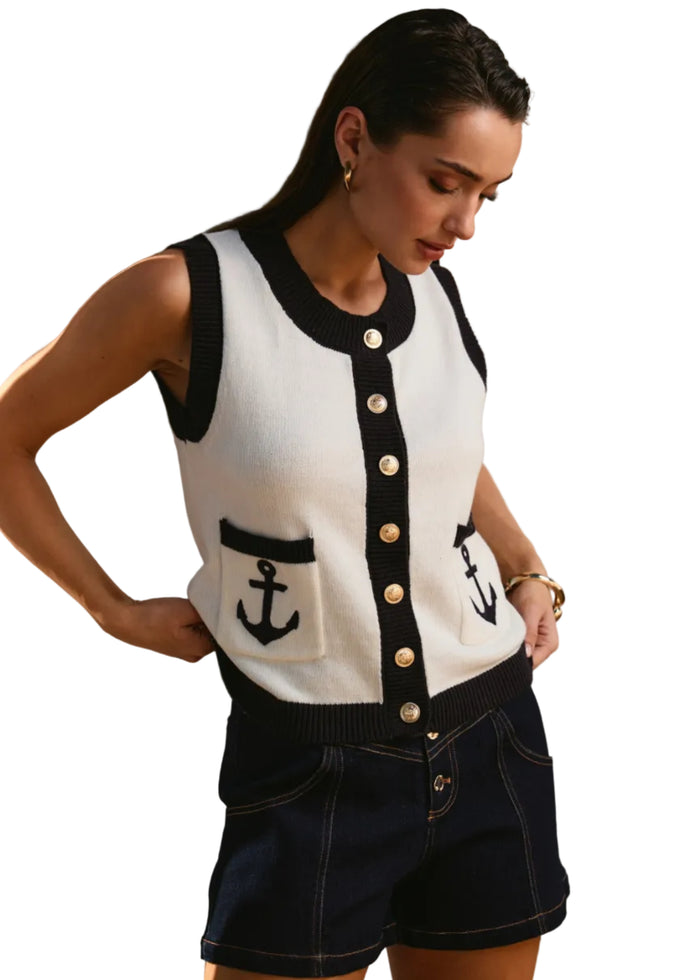 Contrast Anchor Sleeveless Knit Top