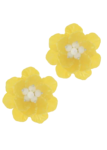 3D Flower w/Bead Earrings-Yellow/White