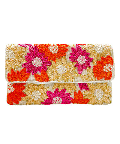 Floral Beaded Raffia Clutch