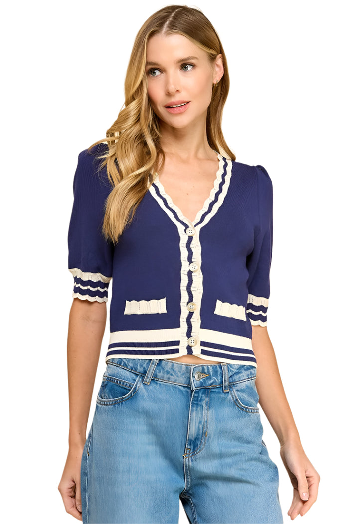 Short Sleeve Scalloped Neckline Knit Cardigan