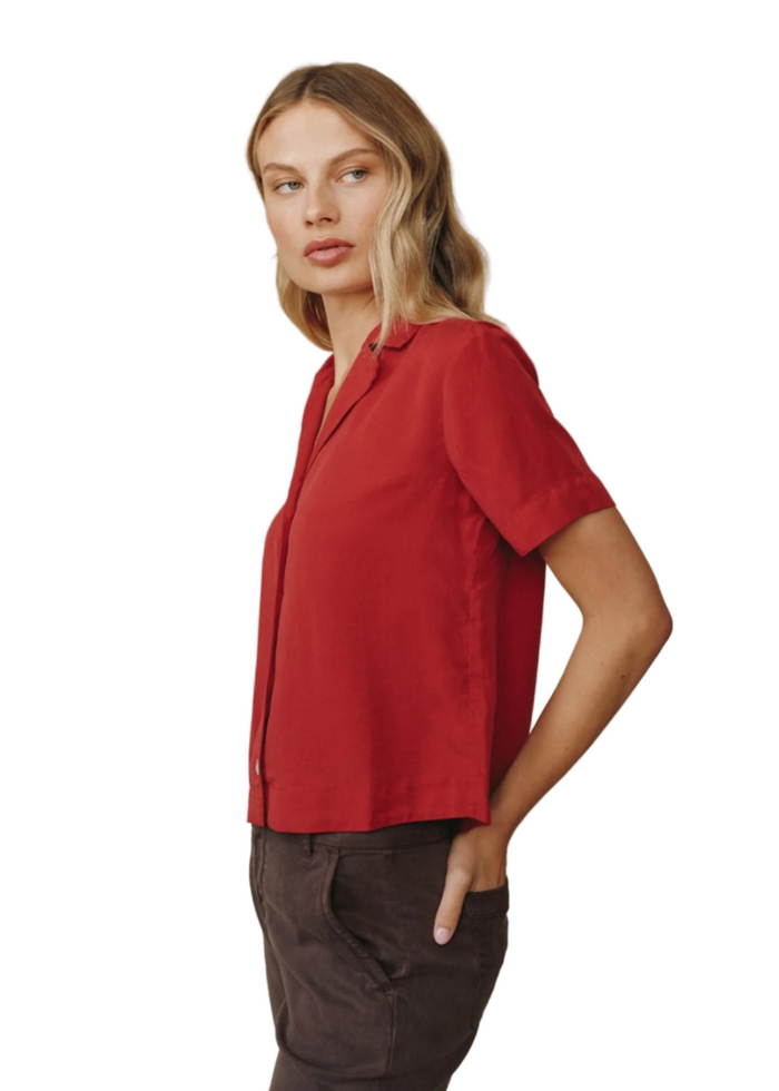Short Sleeve Flowy Button Down - Ruby Red