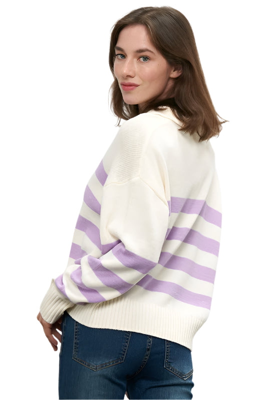 Striped Knit Sweater with Collared Neck