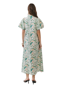 Peacock Print Puff Sleeve Midi Dress