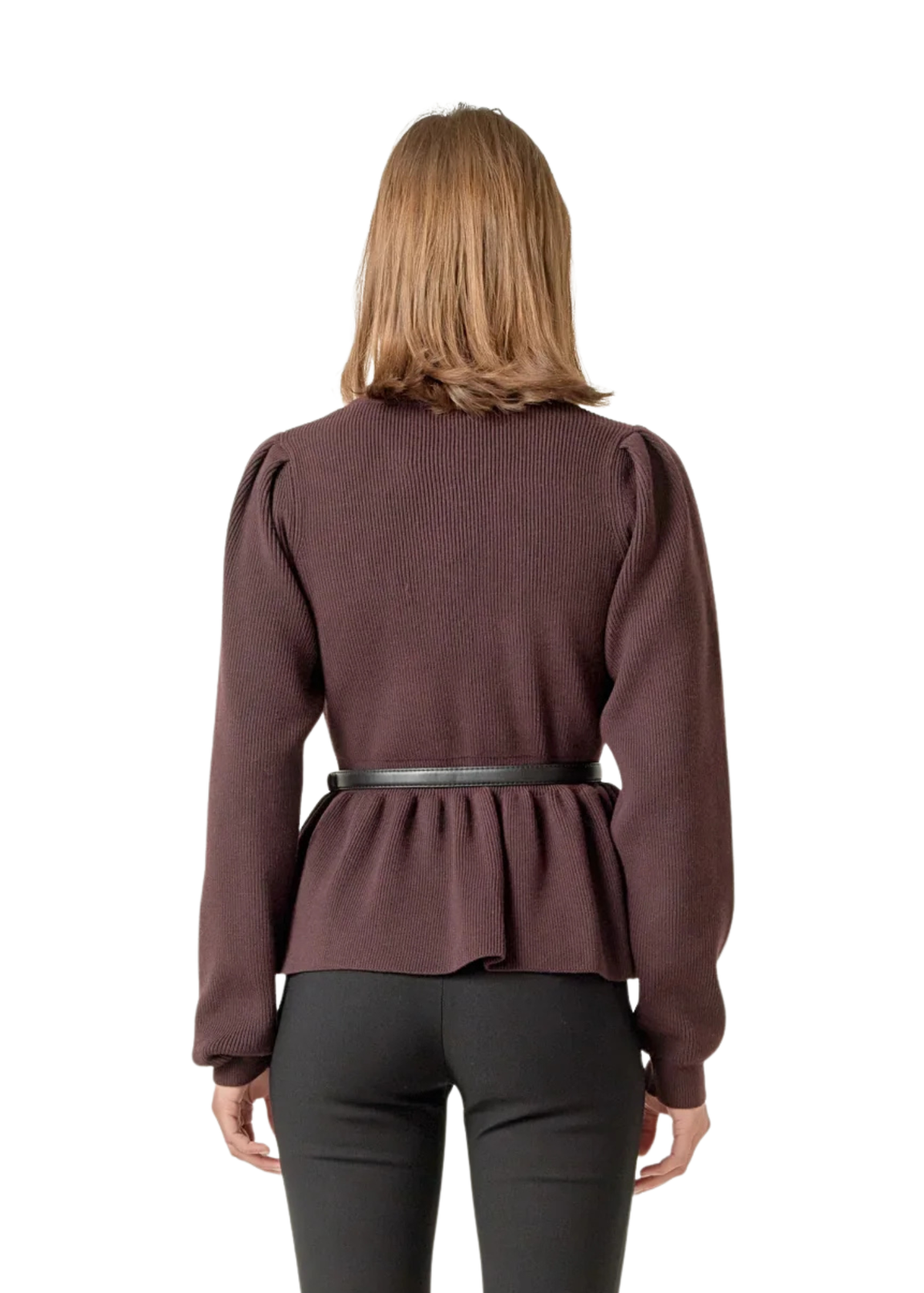 Peplum Waist Knit Top - Chocolate Brown