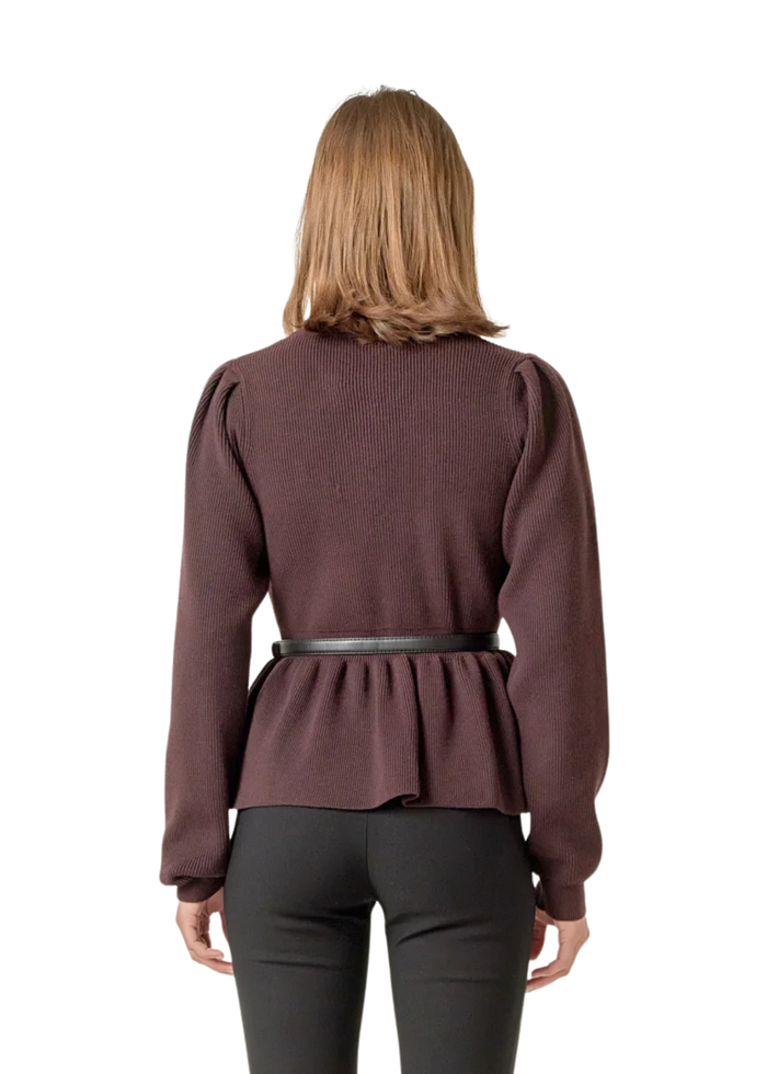 Peplum Waist Knit Top - Chocolate Brown