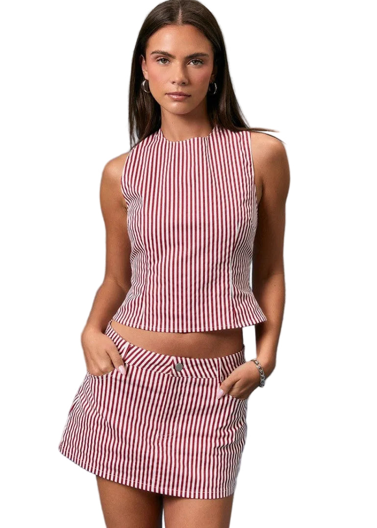 Sleeveless Round Neck Open Back Striped Top