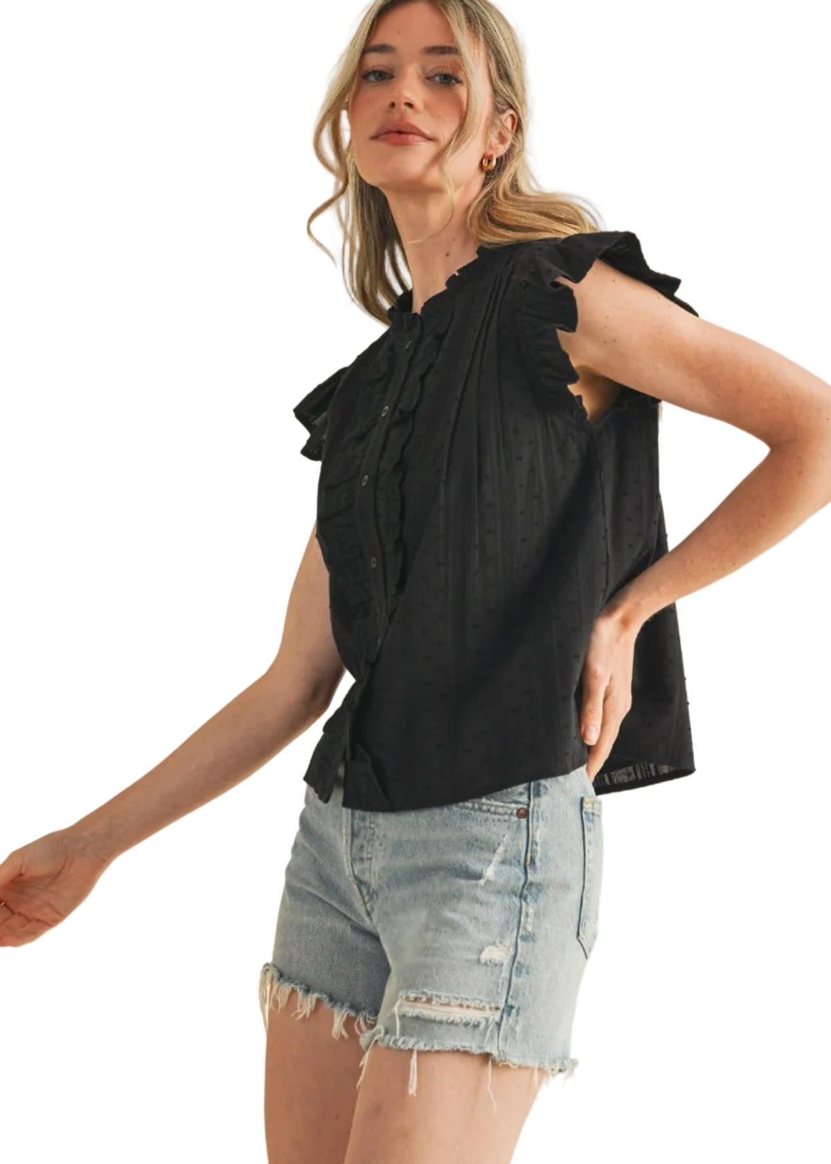 Ruffle Trim Button Down Top