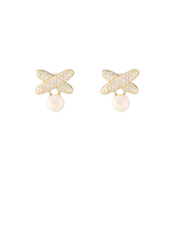 Pave X Shape & Pearl Stud Earrings - Gold