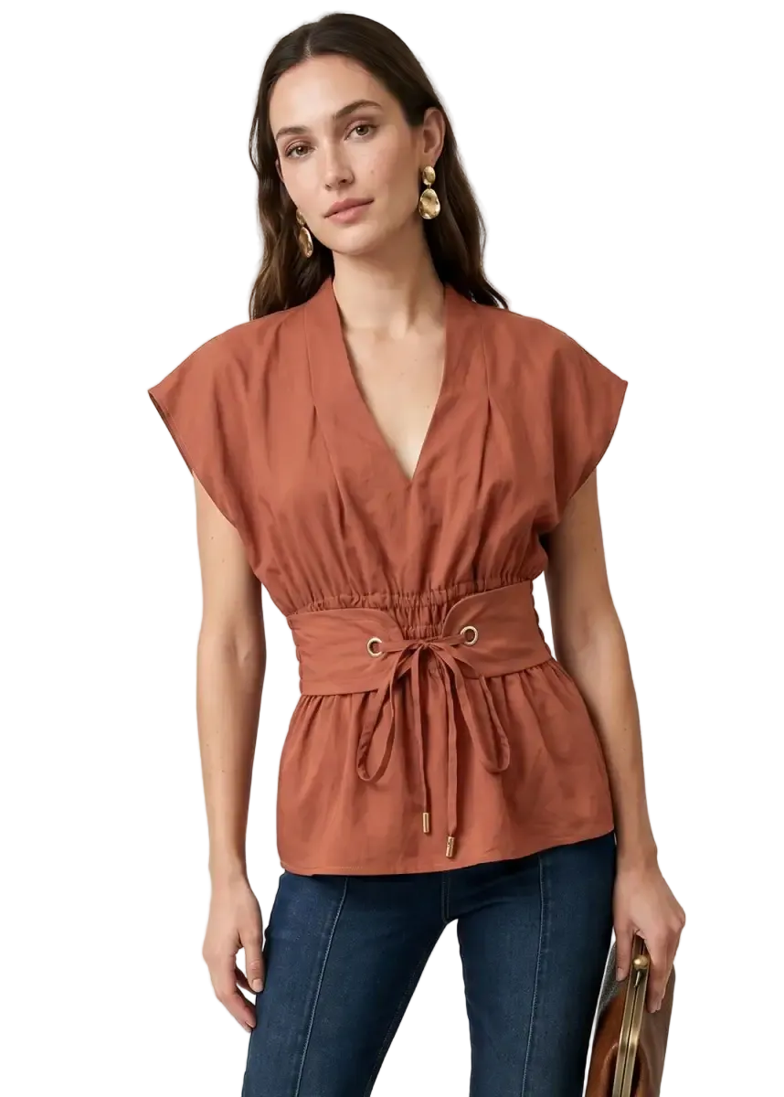 Grommet Tie Waist V-Neck Blouse