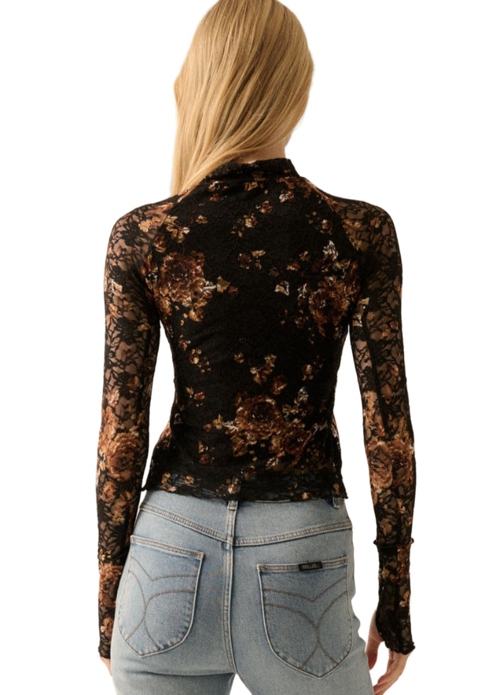 Floral Lace Mock-Neck Long Sleeve Top