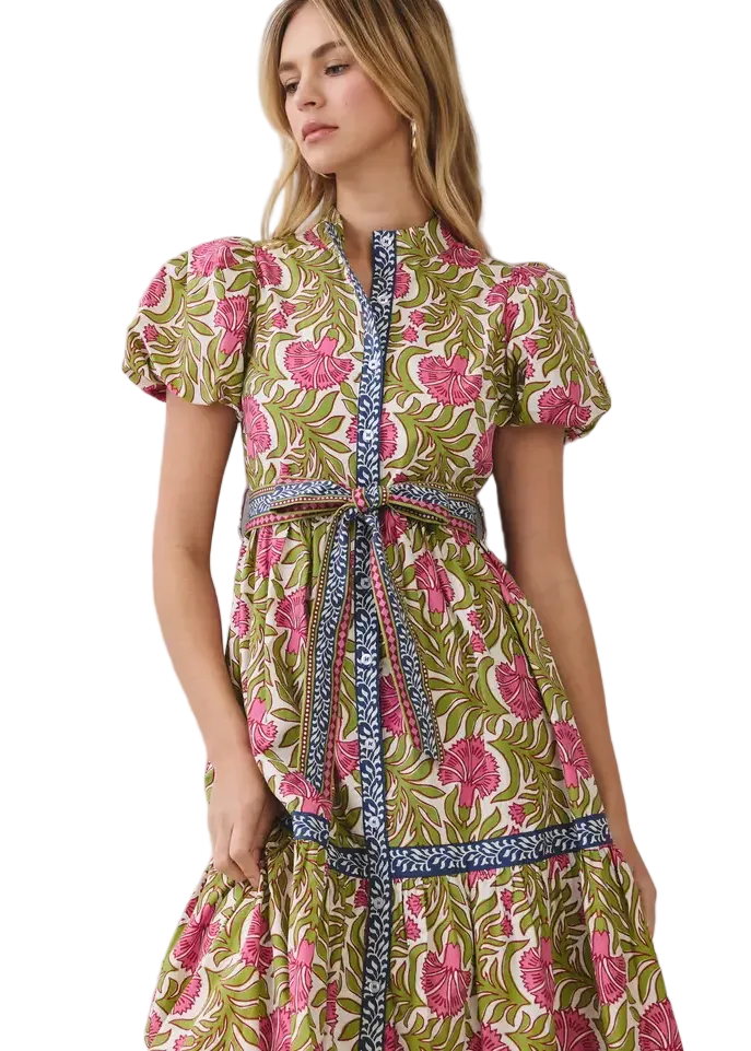 Floral Border Print Tie Waist Maxi Dress