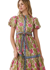 Floral Border Print Tie Waist Maxi Dress