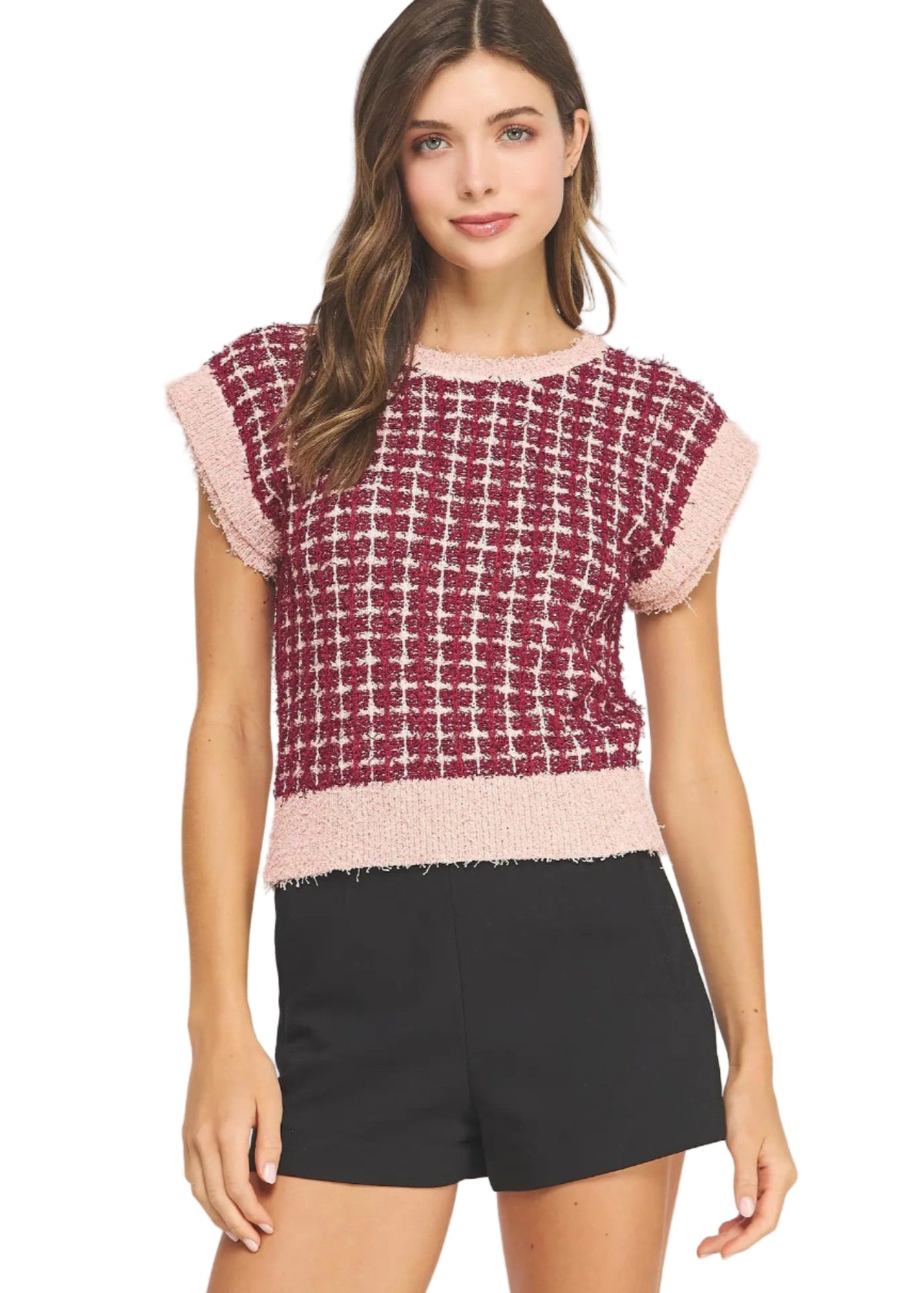 Sleeveless Check Tweed Knit Sweater