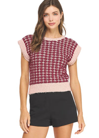 Sleeveless Check Tweed Knit Sweater