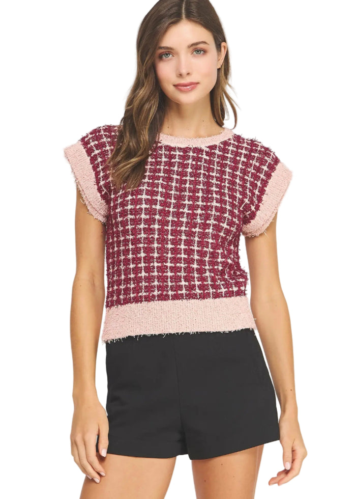 Sleeveless Check Tweed Knit Sweater