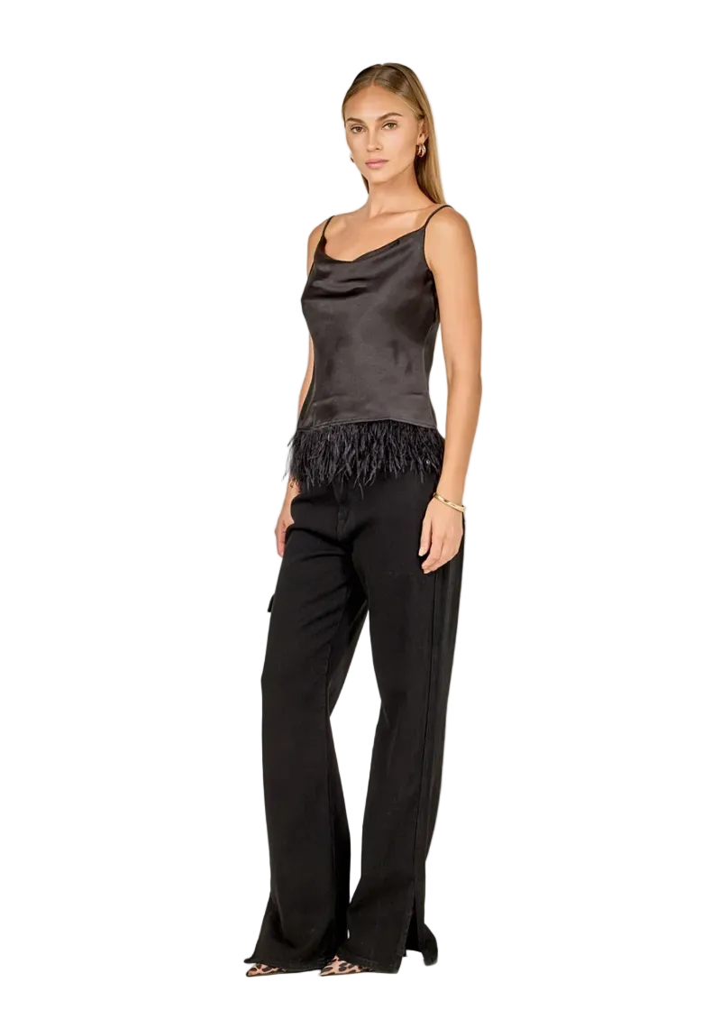 Satin Cowl Neck Top w/ Feather