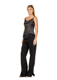 Satin Cowl Neck Top w/ Feather