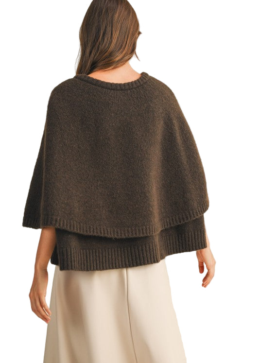 Button Closure Sweater Cape Cardigan - Espresso