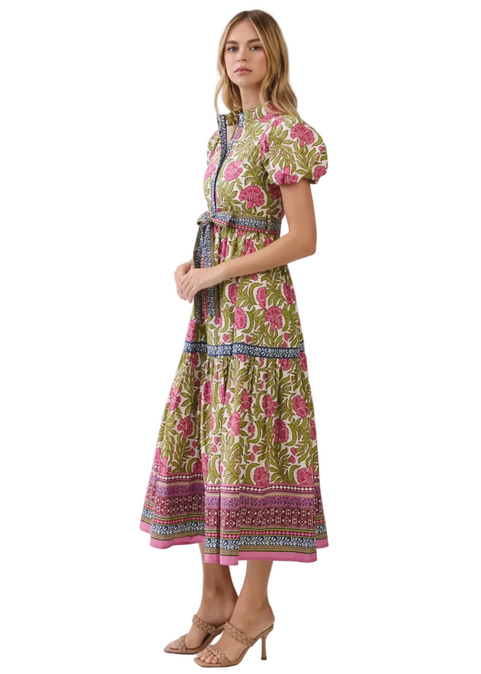 Floral Border Print Tie Waist Maxi Dress