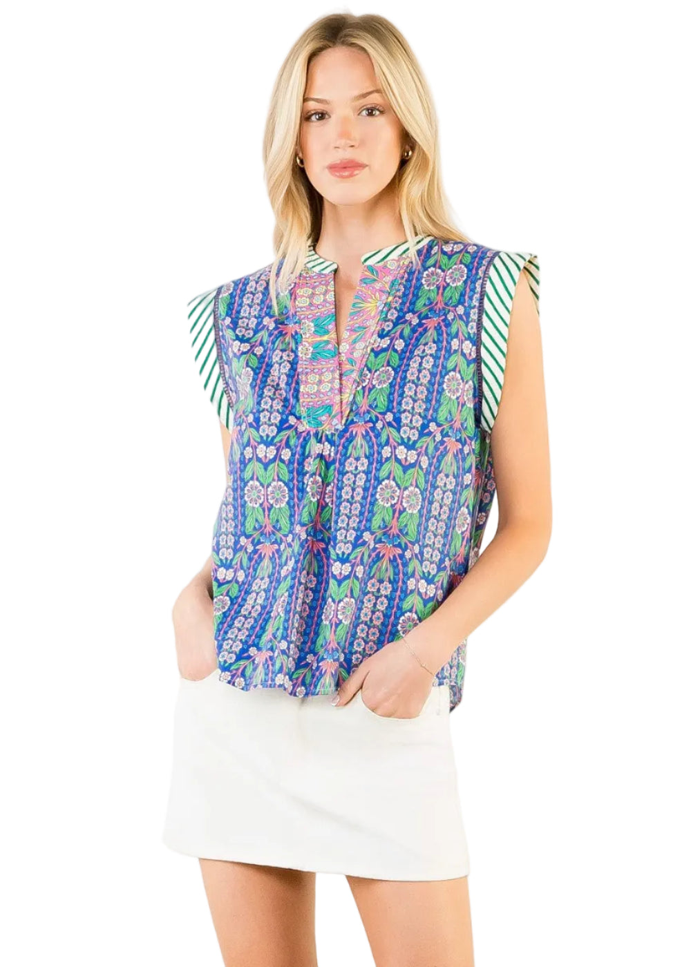 Short Sleeve Floral Pattern V-Neck Top