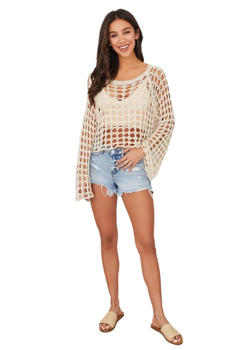 Scoop Neck Open Crochet Bell Sleeve Top