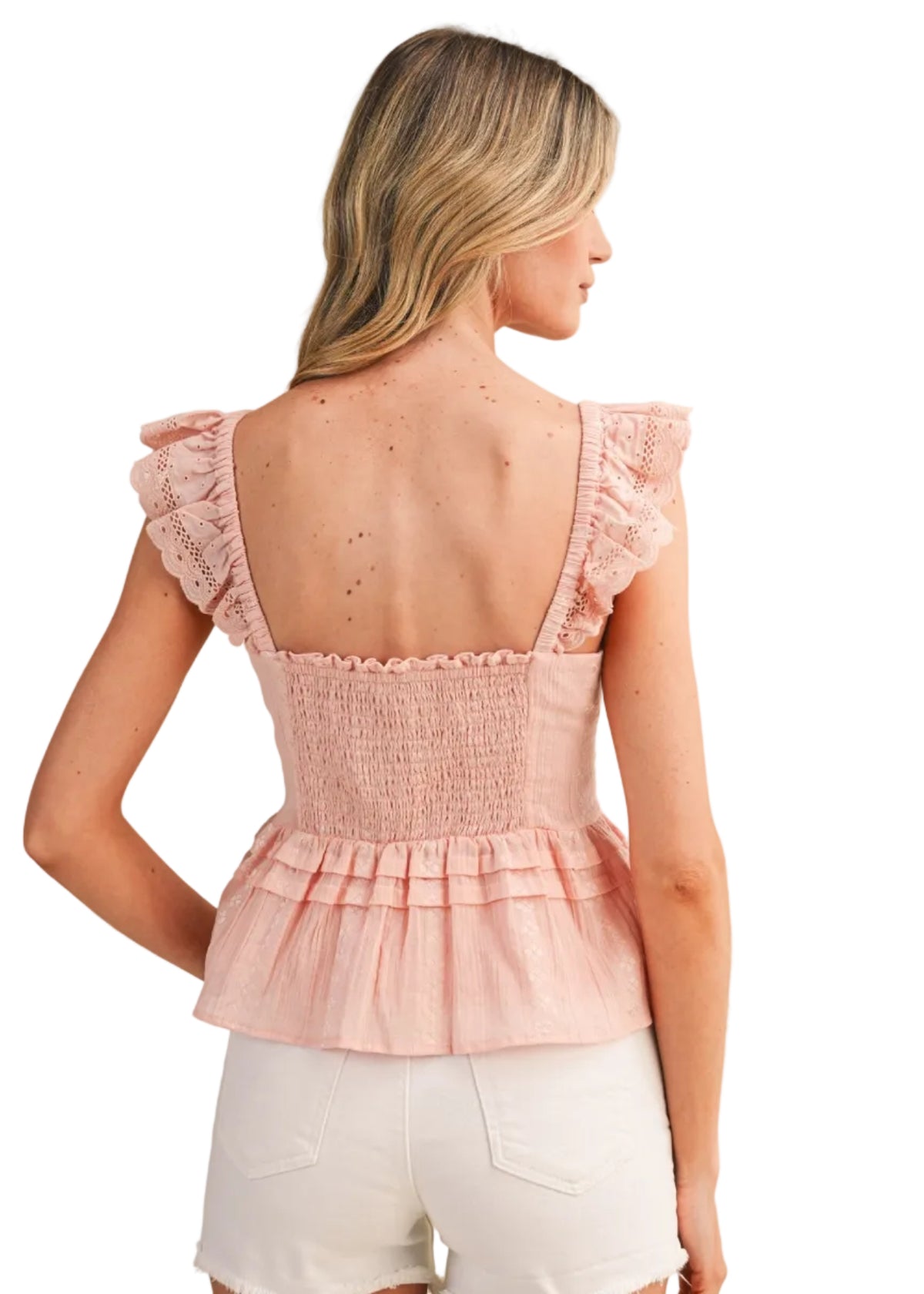 Eyelet Flutter Sleeve Peplum Top