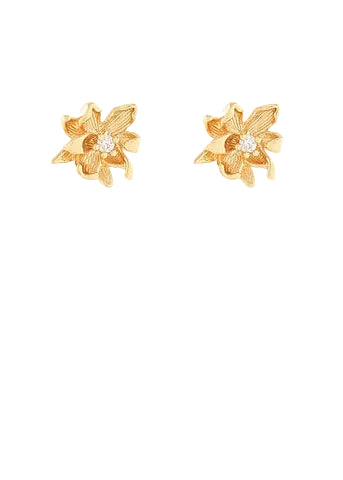 Flower With Crystal Earrings - Gold