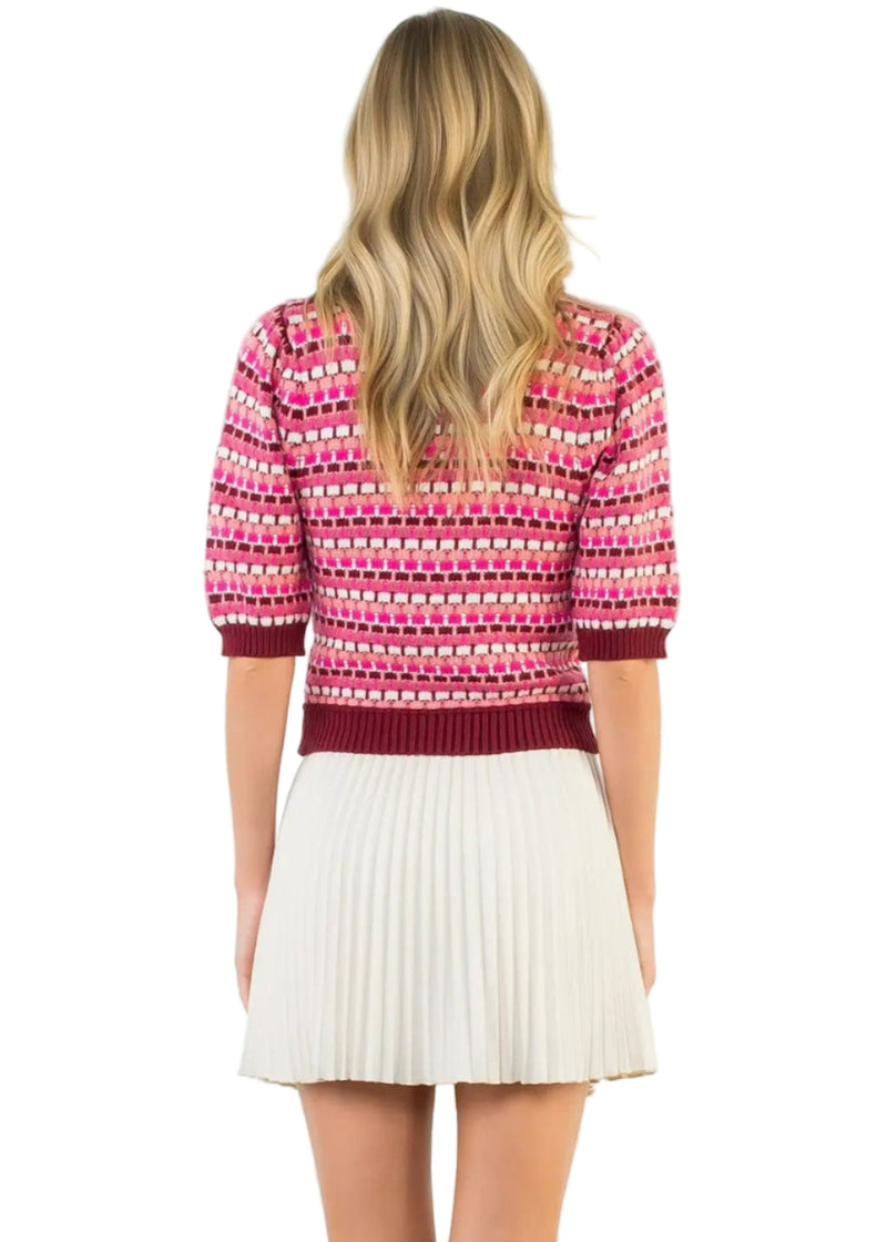 Textured Stripe Puff Sleeve Knit Top