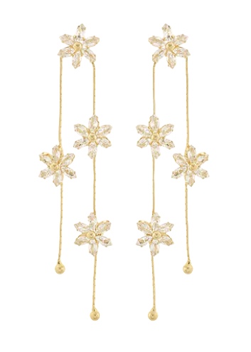 Layered Flower Baguette Earrings-Clear/Gold