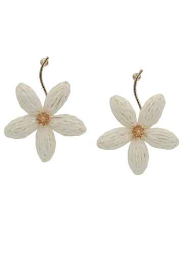 Raffia Flower & Curved Bar Earrings-White/Gold