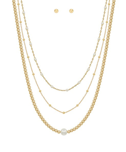 3 Layered Pearl & CCB Necklace Set - Gold/Cream