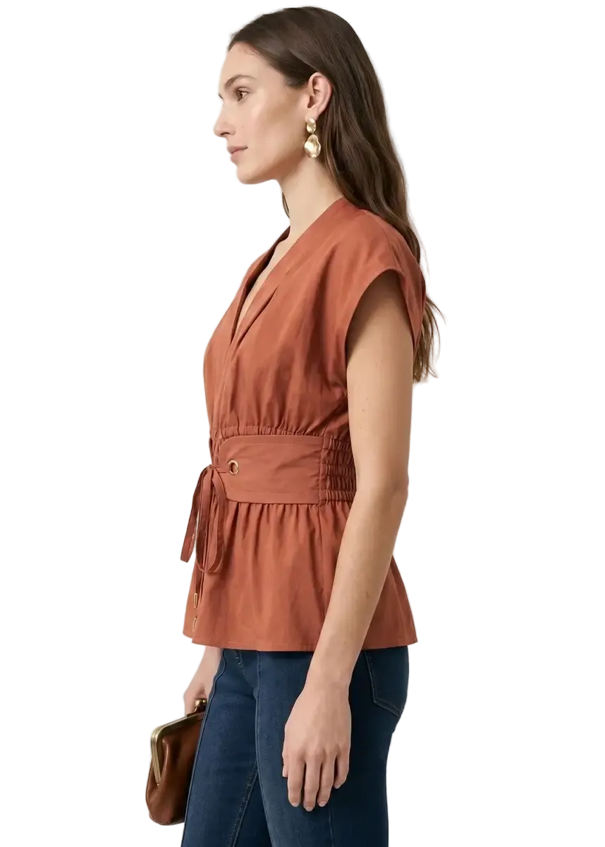 Grommet Tie Waist V-Neck Blouse