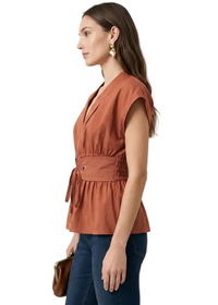 Grommet Tie Waist V-Neck Blouse