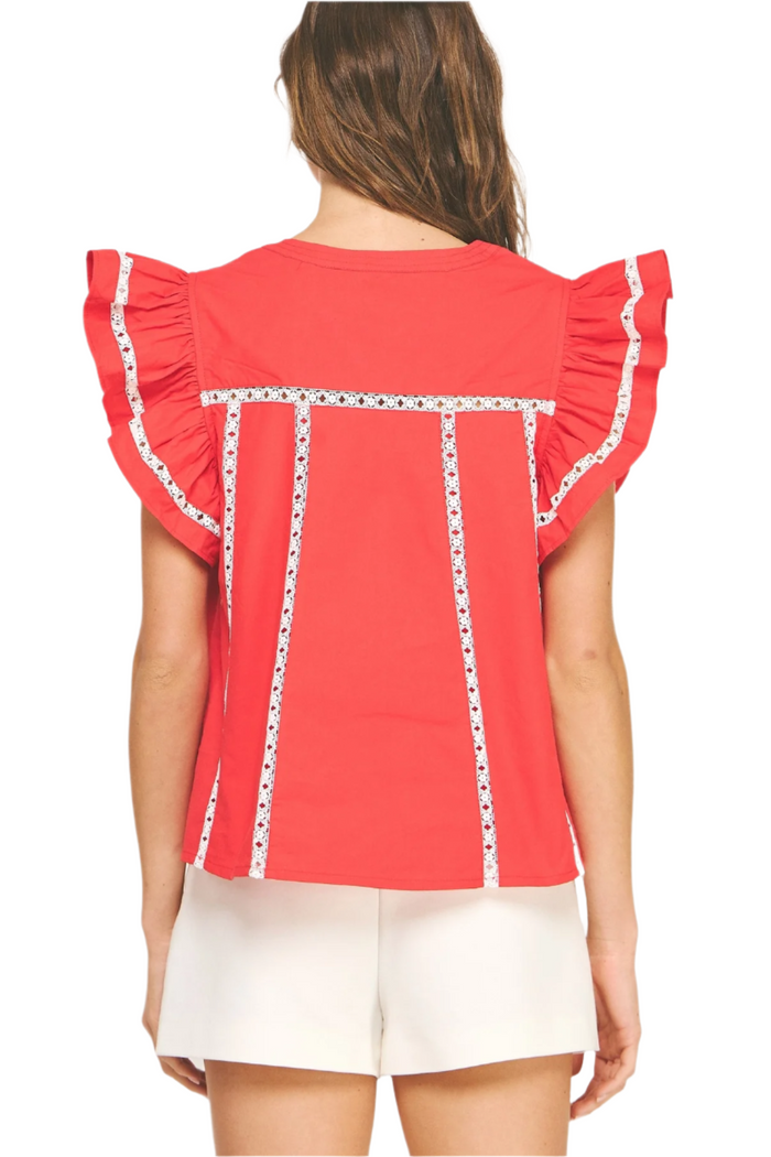 Lace Flutter Sleeve Poplin Top
