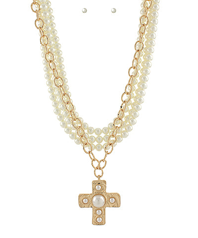 Pearl Cross & Multi Layered Necklace