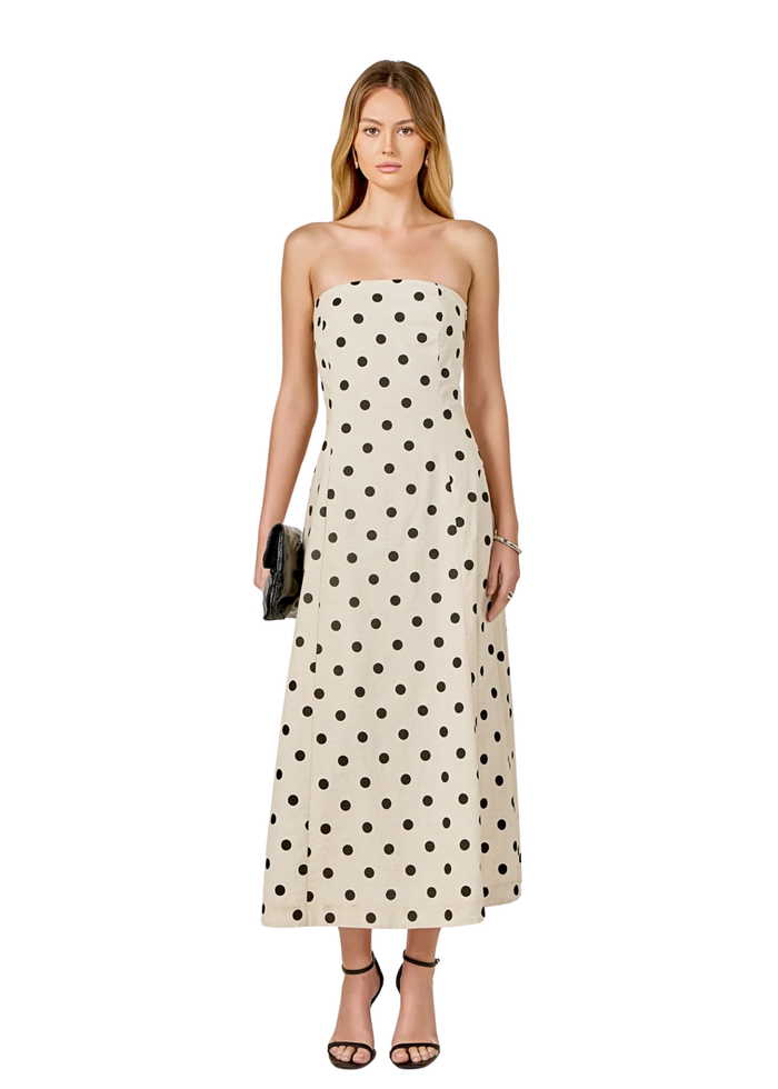 Polka Dot Linen Strapless Dress