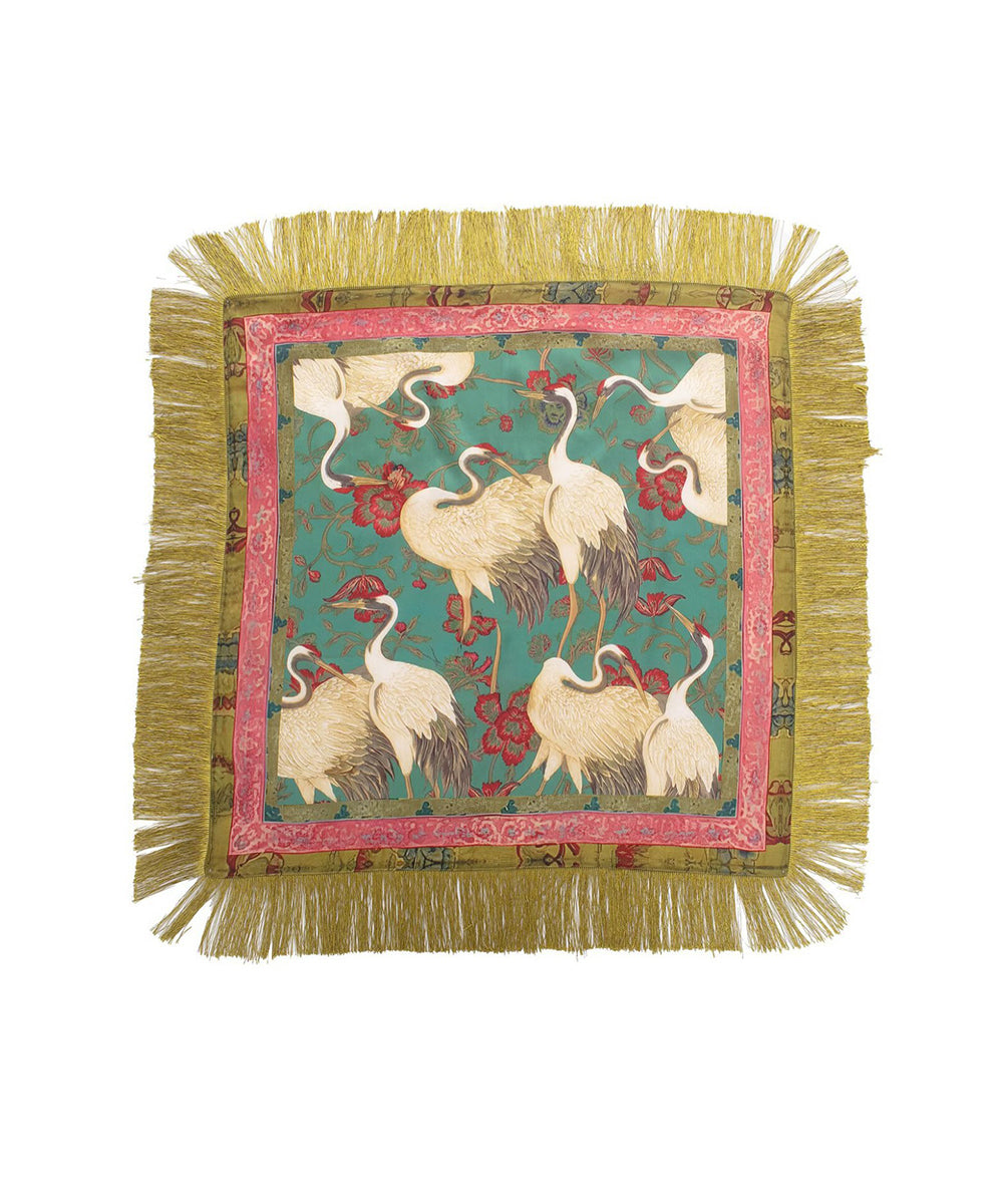 26" Crane Print Fringe Trim  Scarf - Olive Multi